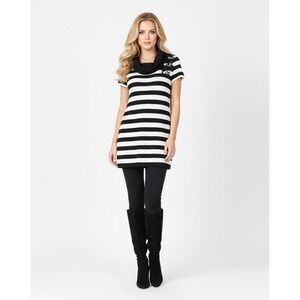 INC Tunic Sweater Womens‎ L Black White Striped Beaded Flower Relaxed Knit Chic